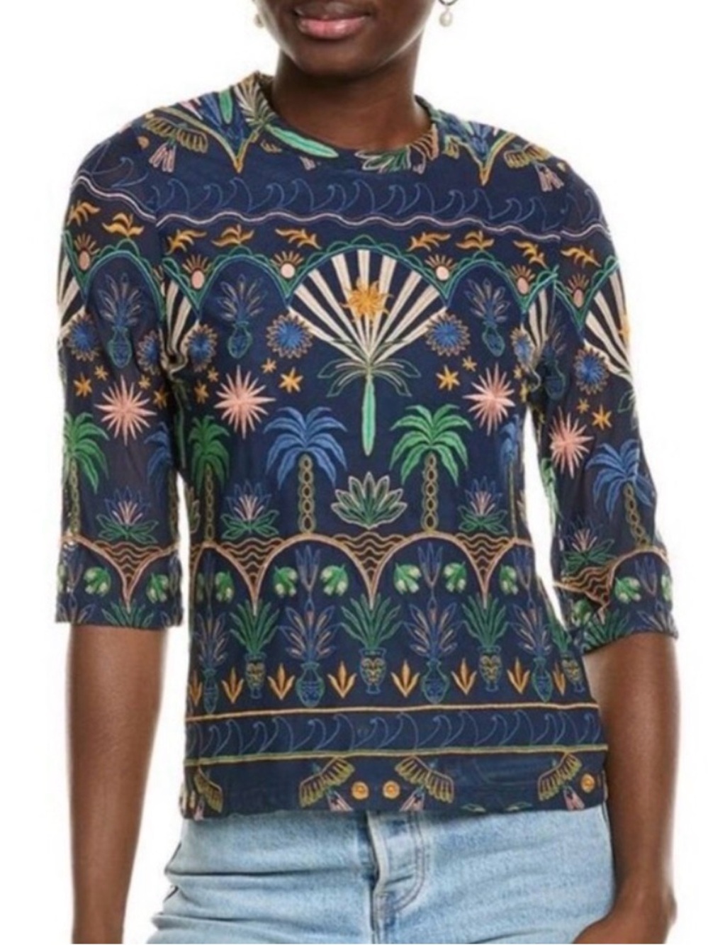 Johnny Was-Jade-Kaia mesh tee stretch Del Mar navy Embroidery elbow sleeve Sz S - Picture 14 of 15
